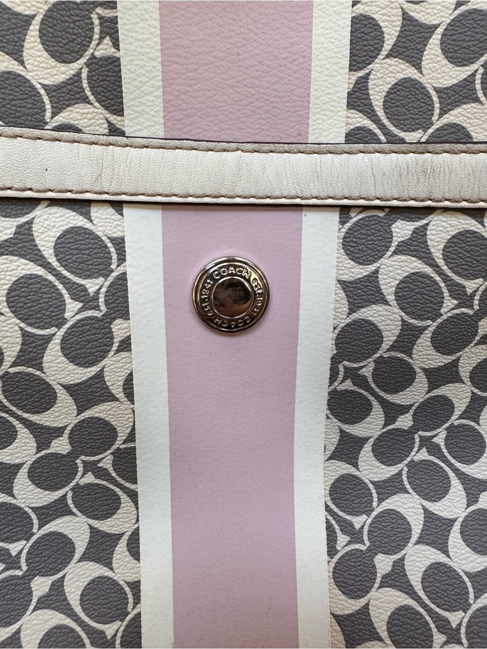 Coach Signature Tote with Pink and Chalk Center Stripe
